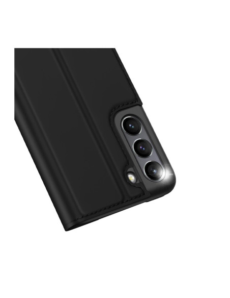 Svart Flipfodral Skin Pro för Samsung S22 Plus, sett från sidan med kamerautskärning
