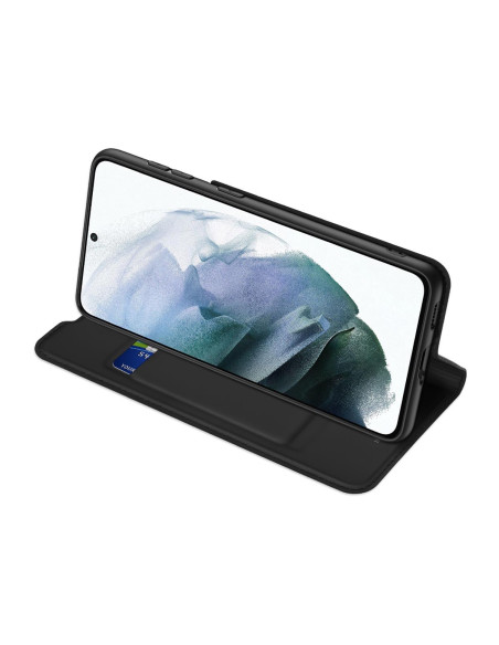 Svart Flipfodral Skin Pro för Samsung S22 Plus, stående med skärmen synlig och kortfack