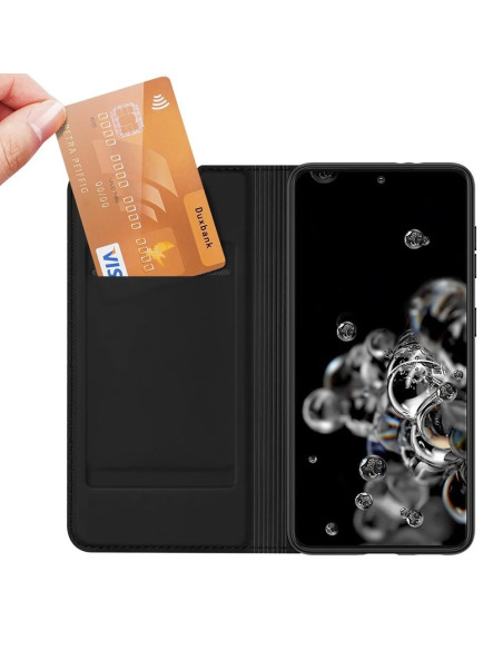 Svart Flipfodral Skin Pro för Samsung S22 Plus, öppet med kortfack och skärm synlig
