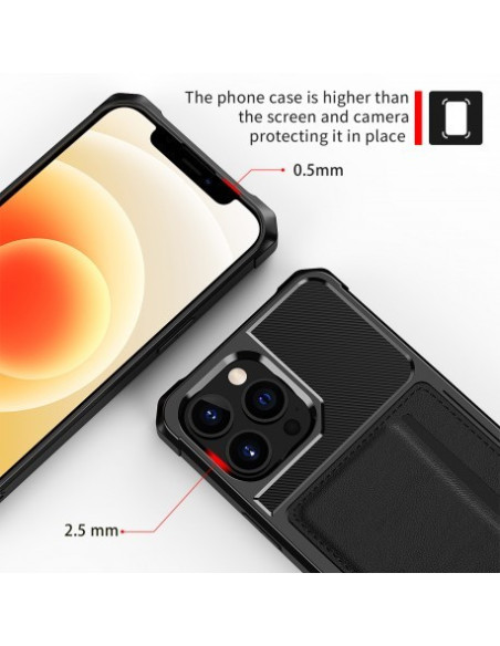Detaljvy av svart stöttåligt skal för iPhone 13 Pro Max med kortfack, visande kamerautskärning och kortfack