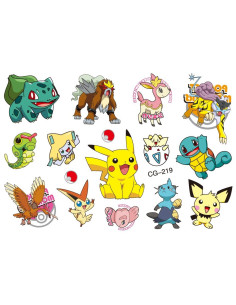 Ark med 15 olika Pokemon-tatueringar i färgglada motiv