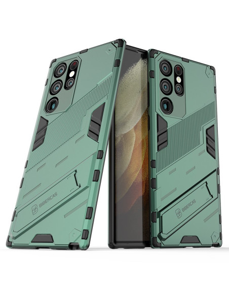 Framsidan av Samsung S22 Ultra skalet ThinArmor V2 i grön färg med kickstand