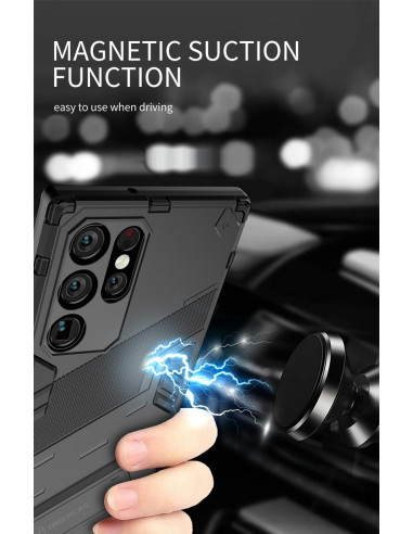 Samsung S22 Ultra skal ThinArmor V2 i svart, hålls i handen med magnetisk sugfunktion i fokus