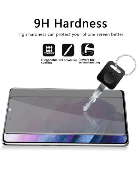 Närbild av Samsung S22 privacy härdat glas som visar 9H hårdhet och skärmskyddets yta