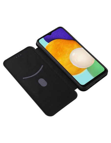 Flipfodral för Samsung A13 5G och A04s, öppet med telefon insatt, visande skärm och inre fack