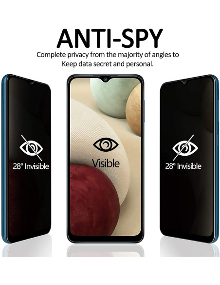 Privacy härdat glas för Samsung A13 5G och A04s, visat med anti-spy effekt och skärmar i bakgrunden