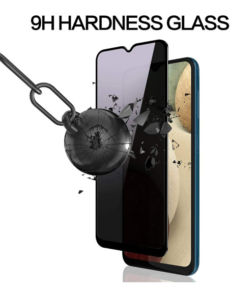 Privacy härdat glas för Samsung A13 5G och A04s, visat med en krossad effekt för att illustrera hållbarhet
