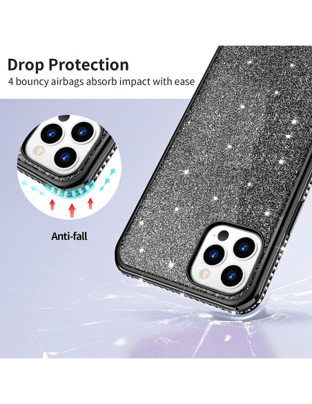 Närbild av rosenguld gummiskal med strass för iPhone 13 Pro, visar glittrande yta och kamerautskärning