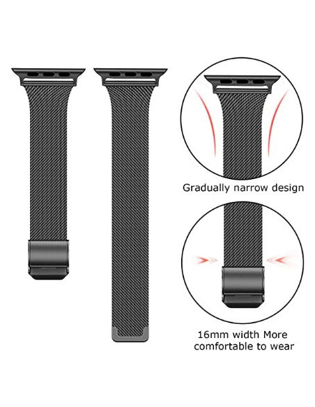 Svart milanesisk loop-armband för Apple Watch 38/40/41mm, sett framifrån med detaljerad vy av designen