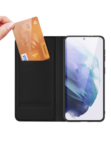 Svart Flipfodral Skin Pro för Samsung S22 Ultra, öppet med kort insatt i facket