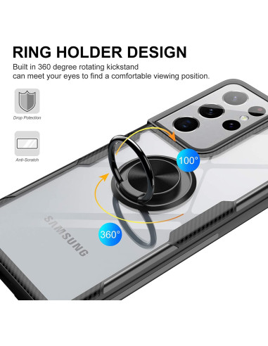 Närbild av Samsung S21 Ultra skal med ringhållare, visande 360-graders design och detaljerad funktionalitet