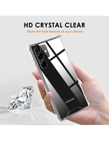 Samsung S22 Ultra skal i transparent TPU, hålls i hand med fokus på kameraskydd och design