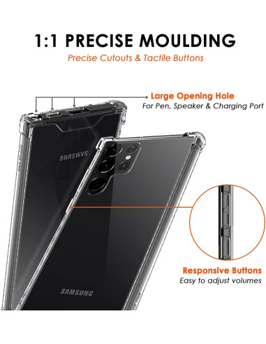 Baksidan av transparent skal för Samsung S22 Ultra med tydliga utskärningar för knappar och portar