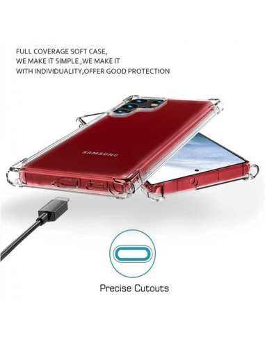 Transparent skal för Samsung S22 Ultra med tydliga utskärningar för knappar, visat från sidan
