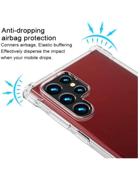 Transparent skal för Samsung S22 Ultra med fokus på kameraskydd och stöttålig design, visat från baksidan