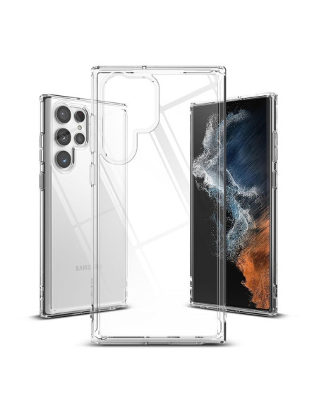 Transparent TPU-skal för Samsung S22 Ultra, visat från sidan med kameraskydd