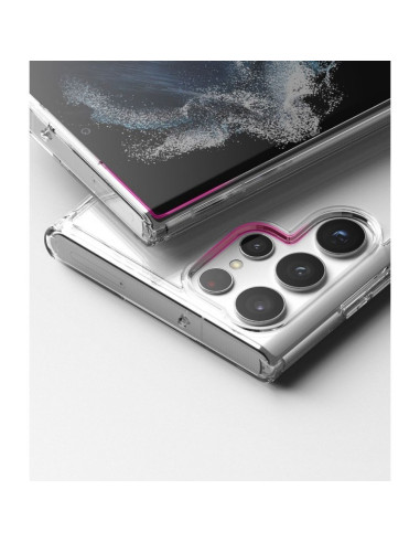 Detaljvy av genomskinligt TPU-skal för Samsung S22 Ultra med fokus på kameraskyddet