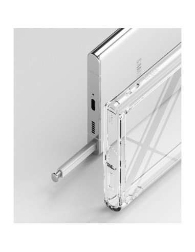 Samsung S22 Ultra skal i transparent TPU, visat från sidan med fokus på knappar och öppningar