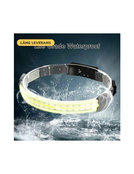 Grå LED huvudlampa med vattentålig design, visad i en vattenmiljö