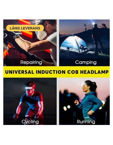 Grå LED huvudlampa i användning under cykling och löpning, med campingmiljö i bakgrunden