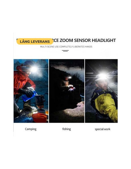 Grå LED huvudlampa i användning vid camping och fiske, med ljus som riktas mot vatten