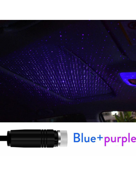Närbild av bärbar USB LED rymdprojektor som projicerar blå och lila stjärnor i bilens tak
