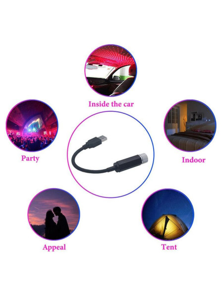 Bärbar USB LED rymdprojektor med fokus på USB-kabeln och användningsområden som fest och inomhus