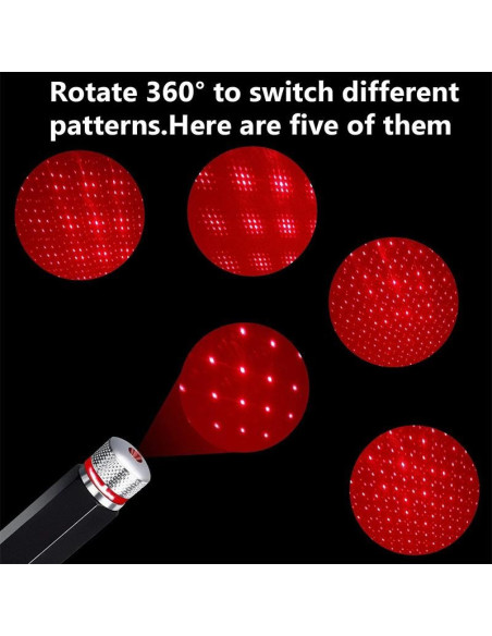 Detaljvy av röd ljusprojektion från bärbar USB LED rymdprojektor med olika mönster