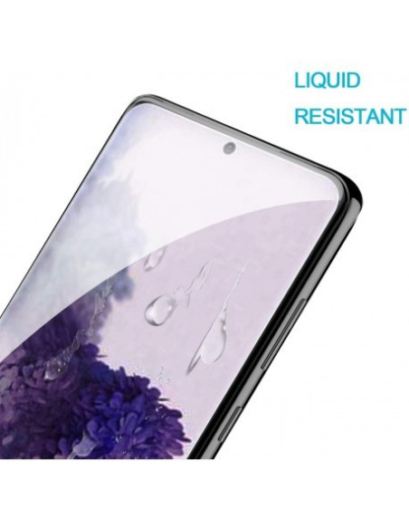 Närbild av transparent skärmskydd för Samsung S21 Plus med vätskeresistenta egenskaper