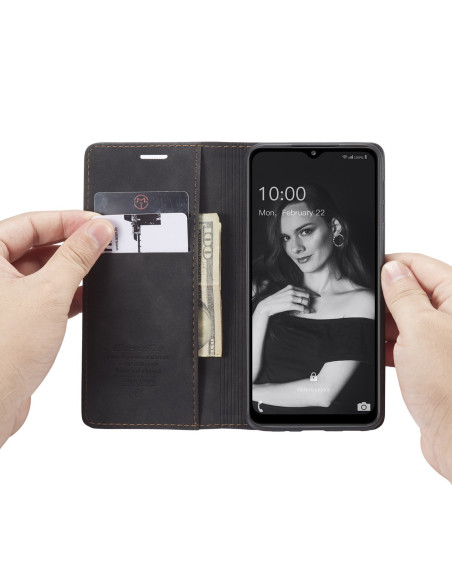 Öppet flipfodral för Samsung A53 5G med kort och sedlar synliga, telefonen i fokus