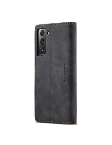 Svart CaseMe flipfodral för Samsung S21 FE, sett från sidan med stängd vy