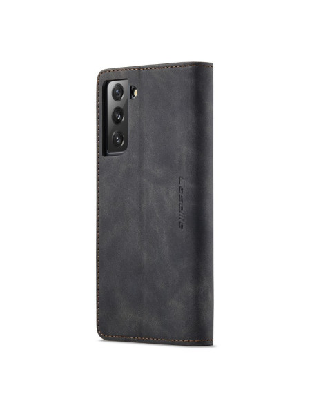 Svart CaseMe flipfodral för Samsung S21 FE, sett från sidan med stängd vy
