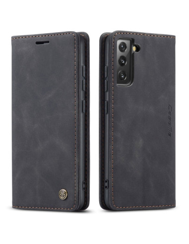 Svart CaseMe flipfodral för Samsung S21 FE, sett framifrån med stängd vy och synlig logotyp