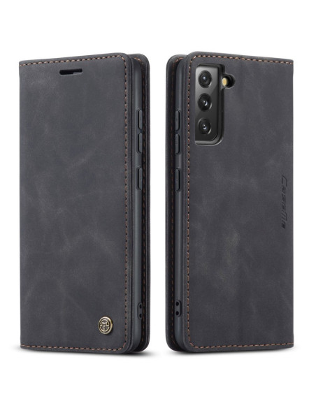 Svart CaseMe flipfodral för Samsung S21 FE, sett framifrån med stängd vy och synlig logotyp