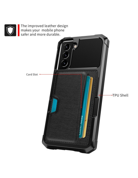 Detaljvy av svart stöttåligt skal för Samsung S21 FE med kortfack, visat bakifrån