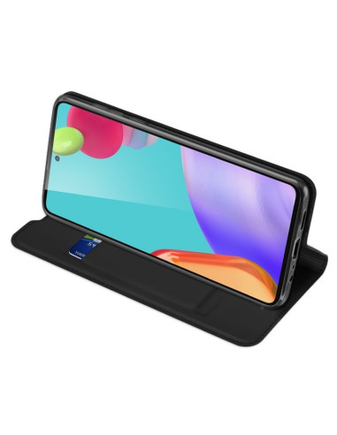 Svart flipfodral för Samsung A13 4G med öppet lock som visar skärmen och kortfacket
