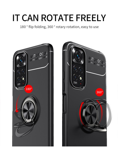 Stöttåligt skal med ringhållare för Xiaomi Redmi Note 11 / 11S, visat med roterande funktion