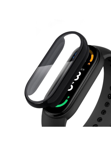 Närbild av svart stötdämpande skal med härdat glas för Xiaomi Mi Band 6 monterat på klockan