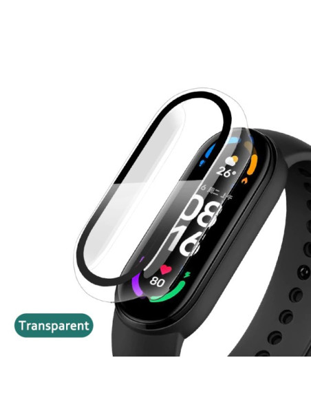 Närbild av transparent skyddsglas för Xiaomi Mi Band 6, monterat på klockan