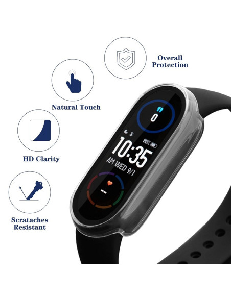 Detaljvy av transparent skal för Xiaomi Mi Band 6, med tydlig visning av skärmen