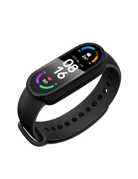 Svart stötdämpande skal för Xiaomi Mi Band 6, monterat på klockan med tydlig skärmvisning