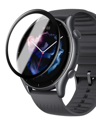 Amazfit GTR 3 med 3D härdat glas monterat, visar skärmskyddets passform och klarhet