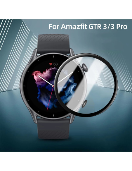 Amazfit GTR 3 med 3D härdat glas, visat från sidan med fokus på skärmskyddets passform