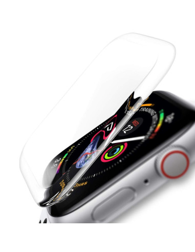 Närbild av 3D härdat glas för Apple Watch 40mm, visar passform och skärmens klarhet