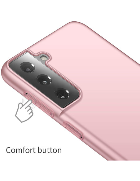 Baksidan av rosenguldskal för Samsung S21 Plus med fokus på knappar och kameraöppning