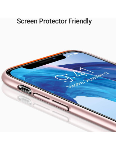 Närbild av roségulds skal för iPhone 11 Pro med fokus på knappar och skärmskydd