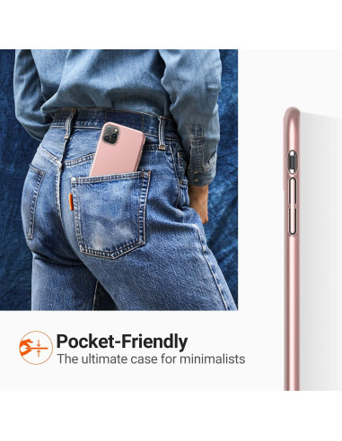 iPhone 11 Pro skal i roséguld placerat i bakfickan på ett par jeans, med fokus på skalets tunna design