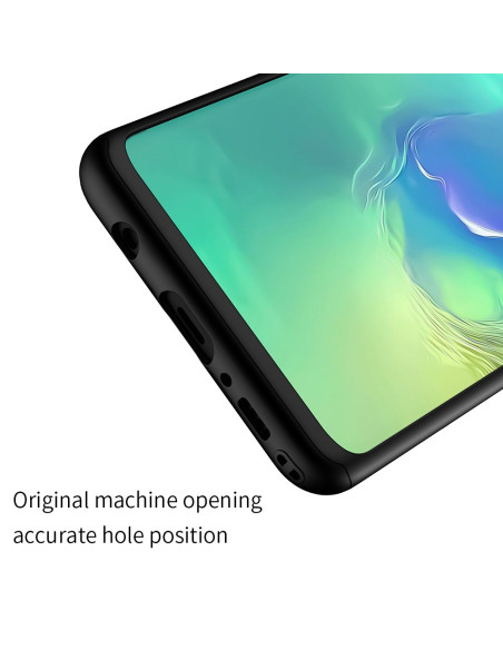 Detaljvy av 360° 3in1 FullCover skal för Samsung S10, med fokus på öppningar för portar
