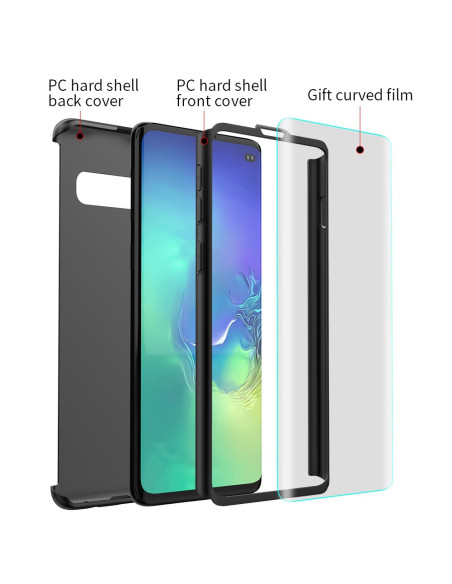 Framifrån vy av 360° 3in1 FullCover skal för Samsung S10 med skärmskydd i transparent utförande