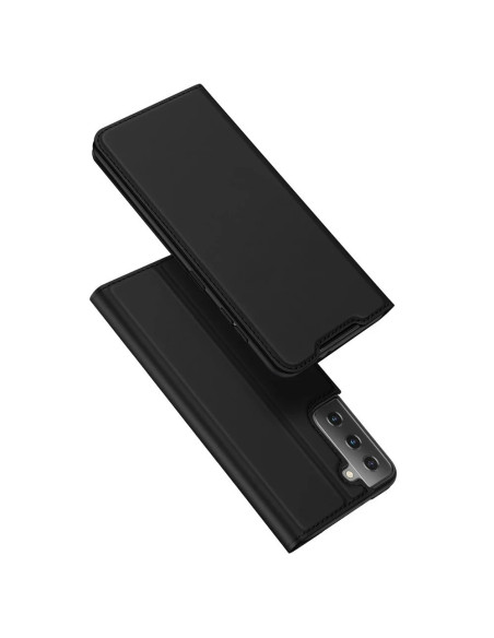 Svart flipfodral Skin Pro för Samsung S21, öppet med telefonens baksida synlig